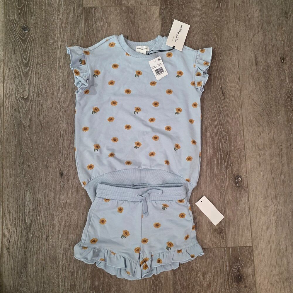 Miles The Label Girls Sunflower Print 2 piece Outfit Ruffles Shorts Top 4T NWT